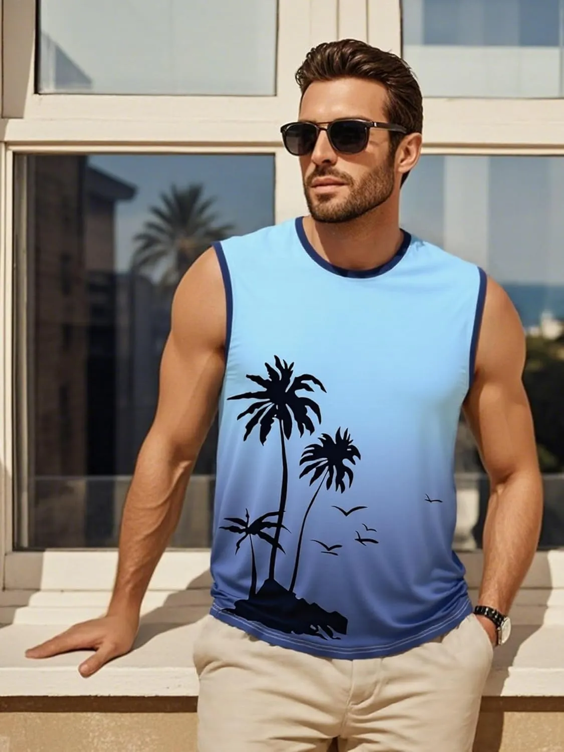 Men's Palm Tree Tank Tops Sleeveless Athletic Shirt Summer Beach Muscle Patriotic Tank Top