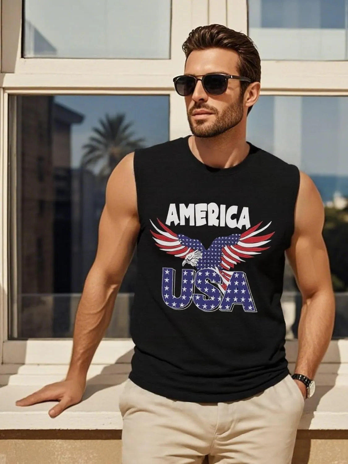 Men's Palm Tree Tank Tops Sleeveless Athletic Shirt Summer Beach Muscle Patriotic Tank Top