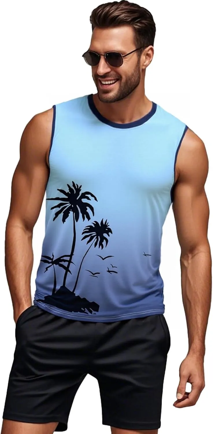 Men's Palm Tree Tank Tops Sleeveless Athletic Shirt Summer Beach Muscle Patriotic Tank Top
