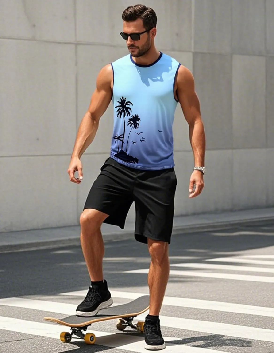 Men's Palm Tree Tank Tops Sleeveless Athletic Shirt Summer Beach Muscle Patriotic Tank Top