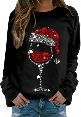 Merry Christmas Shirt for Women Crewneck Funny Red Wine Glass Graphic Sweatshirt Xmas Holiday Long Sleeve Pullover