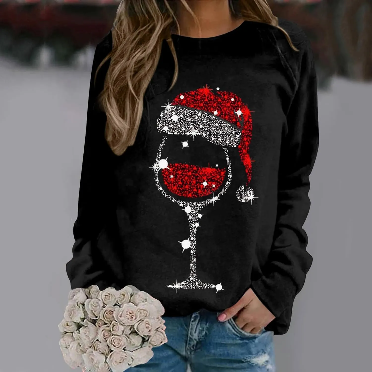 Merry Christmas Shirt for Women Crewneck Funny Red Wine Glass Graphic Sweatshirt Xmas Holiday Long Sleeve Pullover