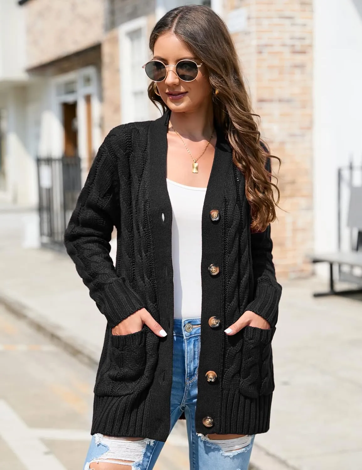 MISSKY Women's Open Front Cardigan Sweater with Pockets Long Sleeve Cable Knit Button Loose Cardigan Sweater Outwear