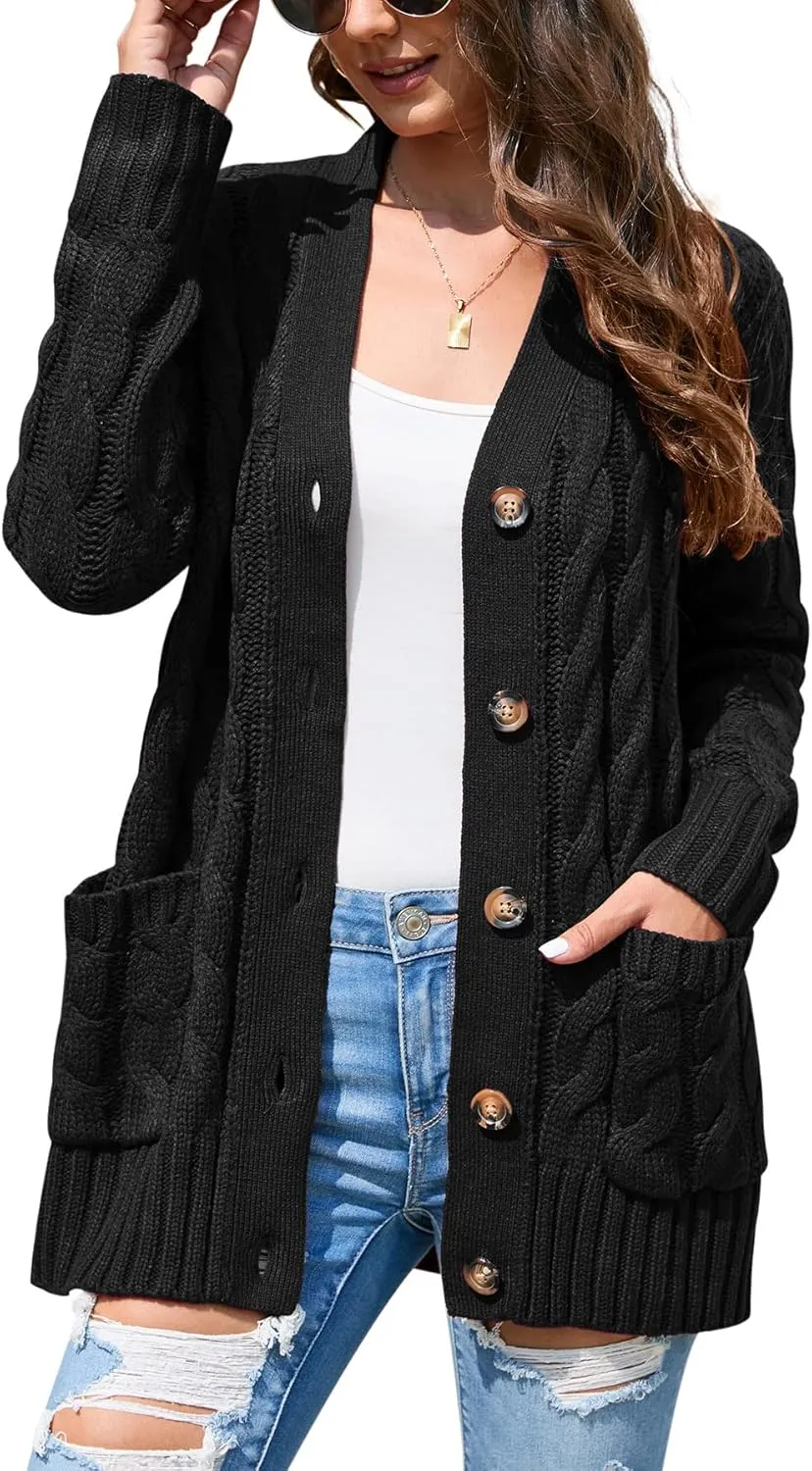 MISSKY Women's Open Front Cardigan Sweater with Pockets Long Sleeve Cable Knit Button Loose Cardigan Sweater Outwear