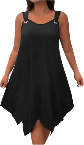 Plus Size Summer Dresses for Curvy Women Loose Casual O-Ring Shoulder Sleeveless Asymmetrical Hem Flowy Midi Dress