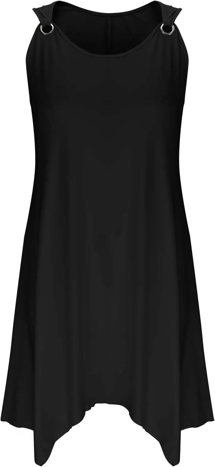 Plus Size Summer Dresses for Curvy Women Loose Casual O-Ring Shoulder Sleeveless Asymmetrical Hem Flowy Midi Dress