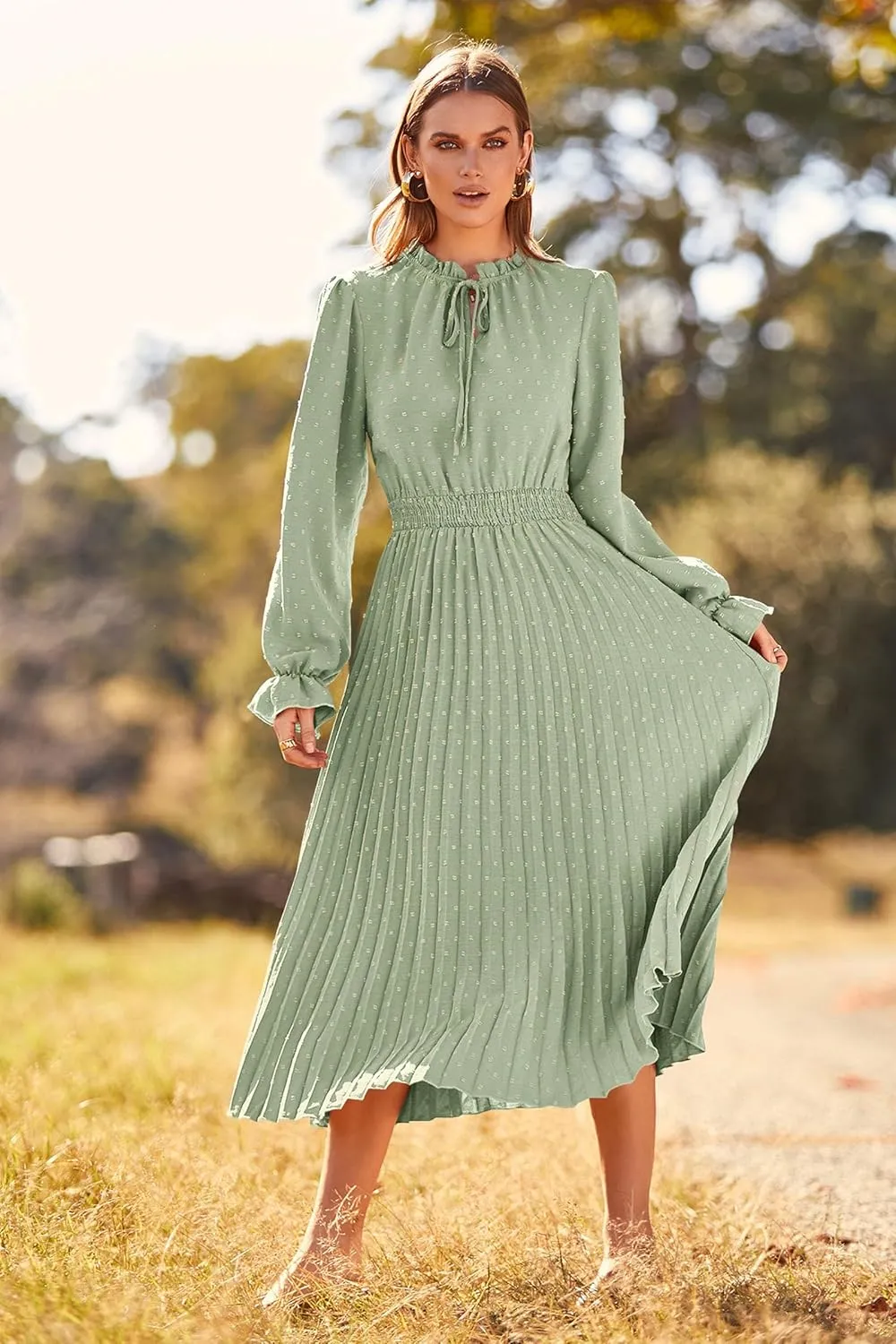 PRETTYGARDEN Women's 2025 Spring Fall Midi Dress Casual Long Sleeve V Neck Swiss Dot Pleated A Line Flowy Dresses