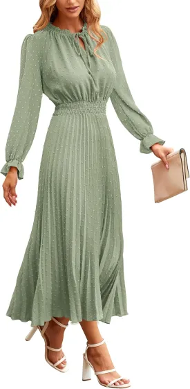 PRETTYGARDEN Women's 2025 Spring Fall Midi Dress Casual Long Sleeve V Neck Swiss Dot Pleated A Line Flowy Dresses