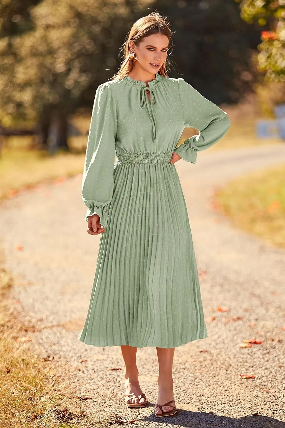 PRETTYGARDEN Women's 2025 Spring Fall Midi Dress Casual Long Sleeve V Neck Swiss Dot Pleated A Line Flowy Dresses