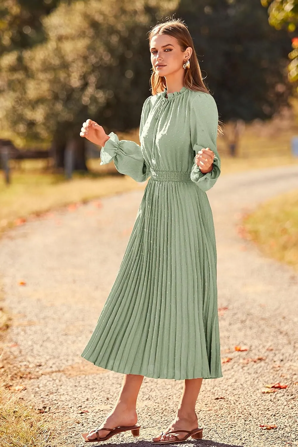 PRETTYGARDEN Women's 2025 Spring Fall Midi Dress Casual Long Sleeve V Neck Swiss Dot Pleated A Line Flowy Dresses