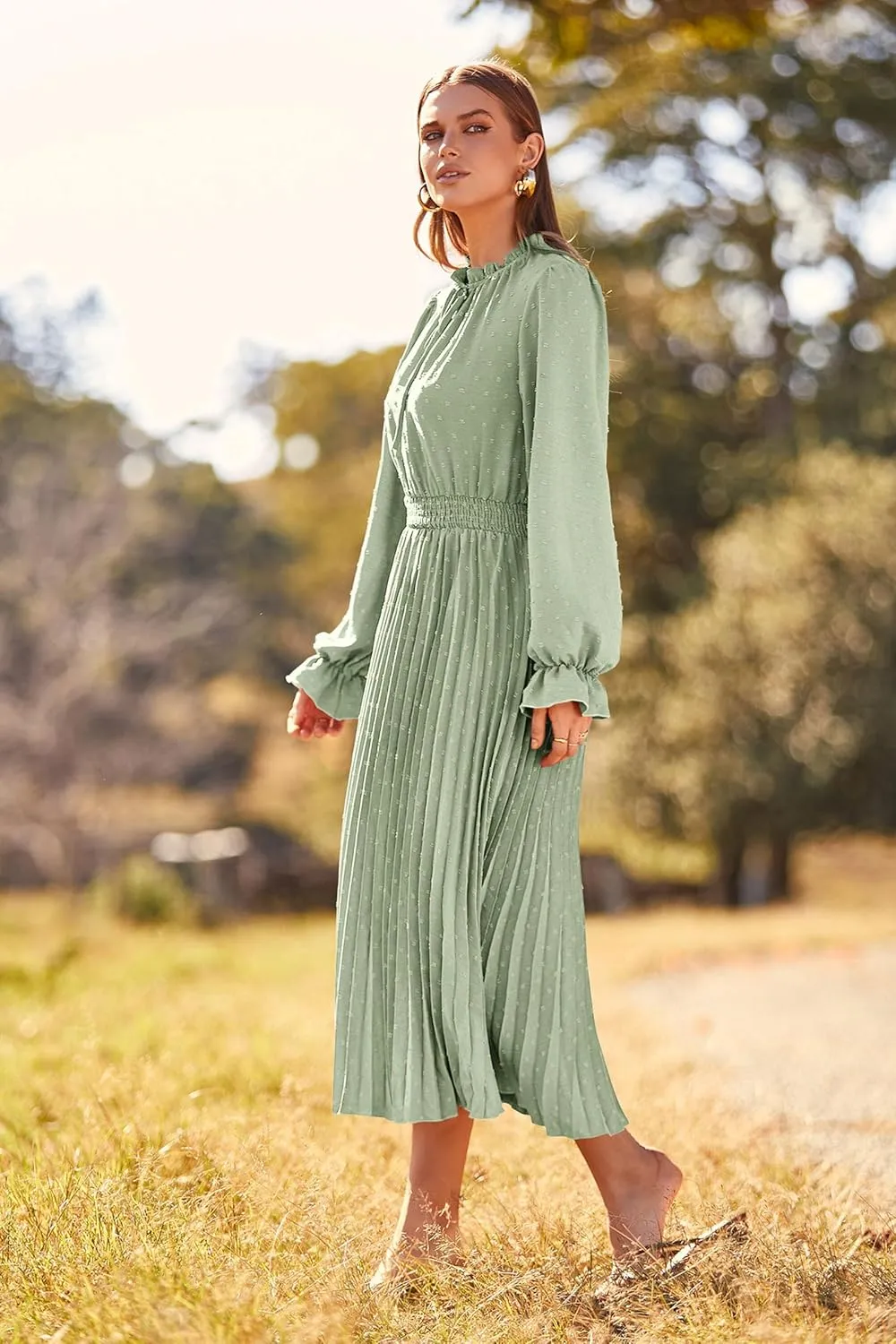 PRETTYGARDEN Women's 2025 Spring Fall Midi Dress Casual Long Sleeve V Neck Swiss Dot Pleated A Line Flowy Dresses