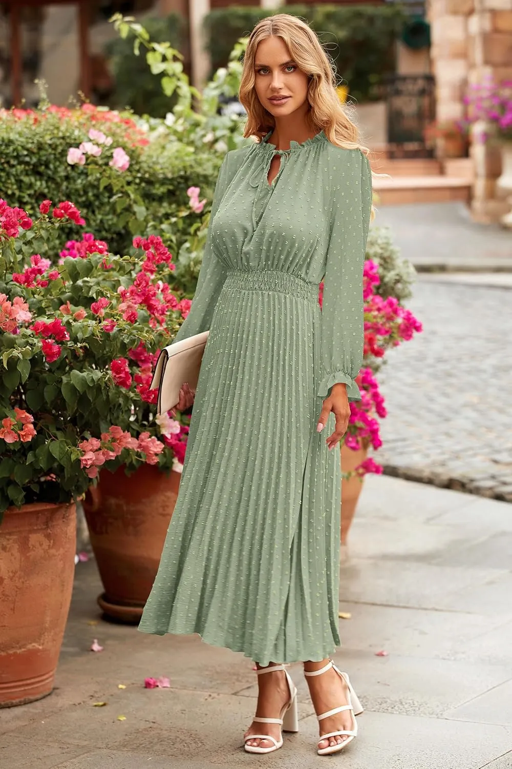 PRETTYGARDEN Women's 2025 Spring Fall Midi Dress Casual Long Sleeve V Neck Swiss Dot Pleated A Line Flowy Dresses