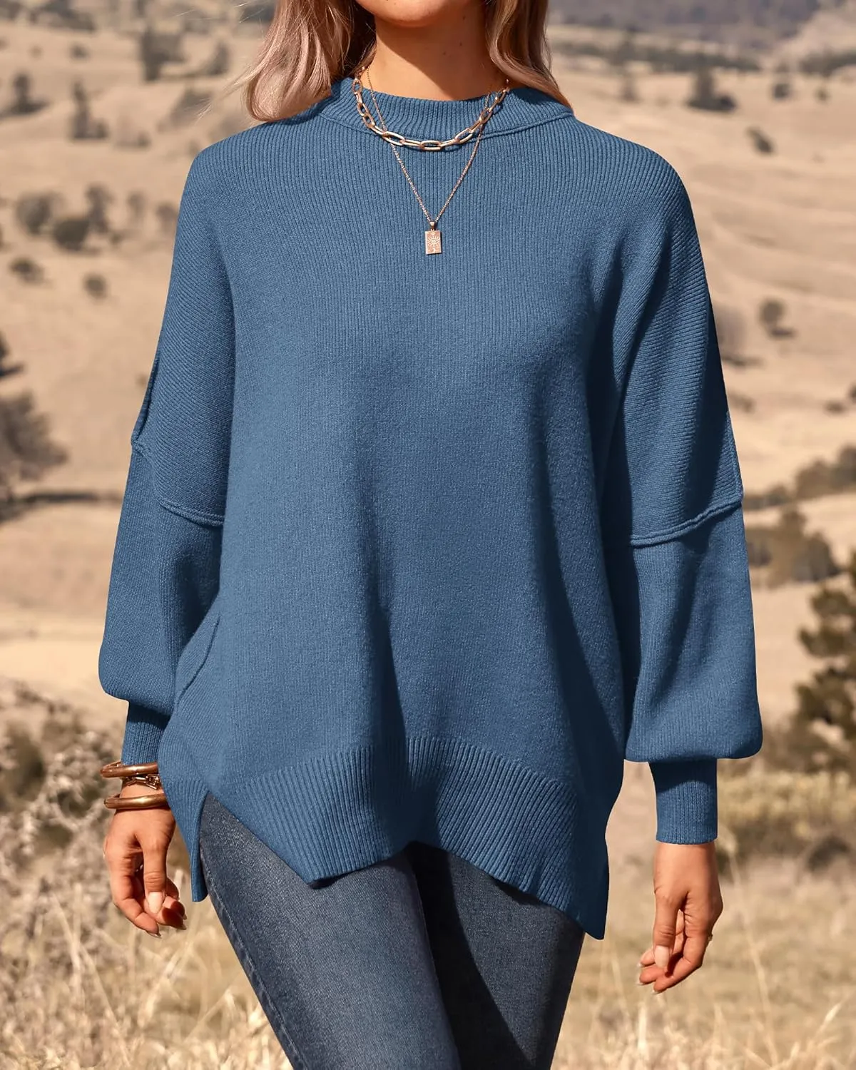 PRETTYGARDEN Women's Oversized Sweater 2025 Casual Fall Outfits Crewneck Long Sleeve Side Slit Chunky Knit Pullover Tops