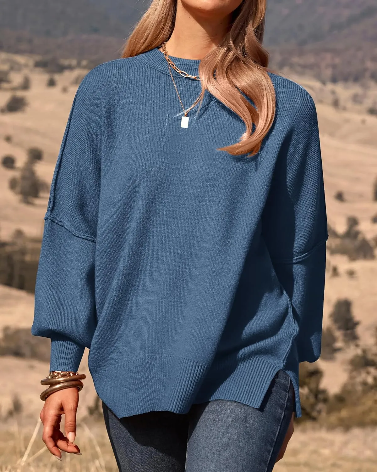 PRETTYGARDEN Women's Oversized Sweater 2025 Casual Fall Outfits Crewneck Long Sleeve Side Slit Chunky Knit Pullover Tops