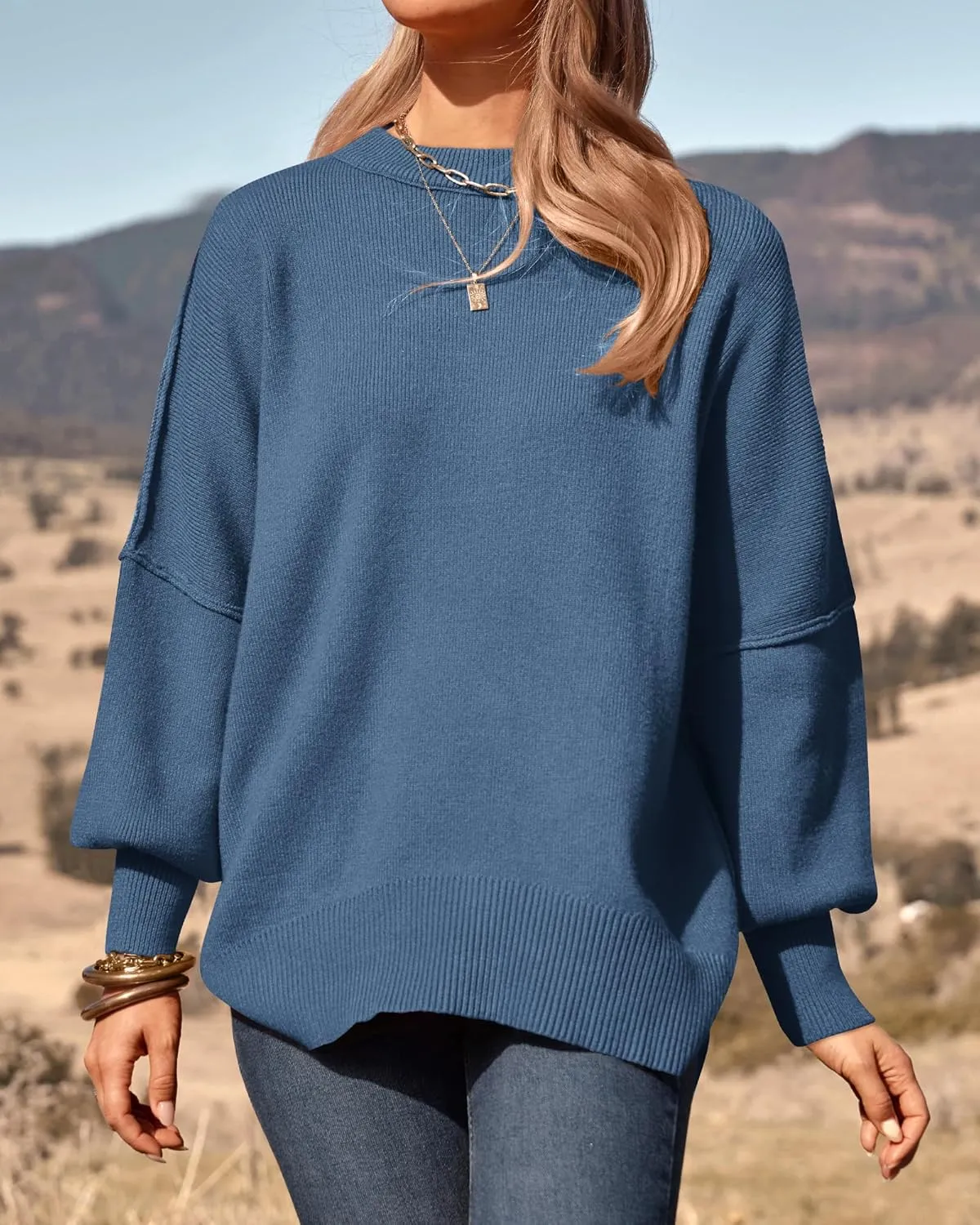PRETTYGARDEN Women's Oversized Sweater 2025 Casual Fall Outfits Crewneck Long Sleeve Side Slit Chunky Knit Pullover Tops