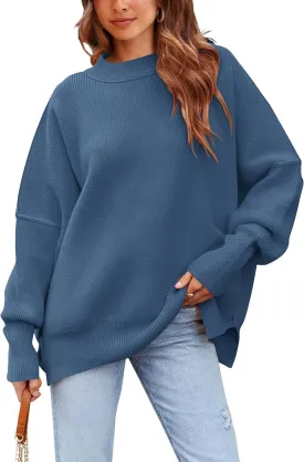 PRETTYGARDEN Women's Oversized Sweater 2025 Casual Fall Outfits Crewneck Long Sleeve Side Slit Chunky Knit Pullover Tops