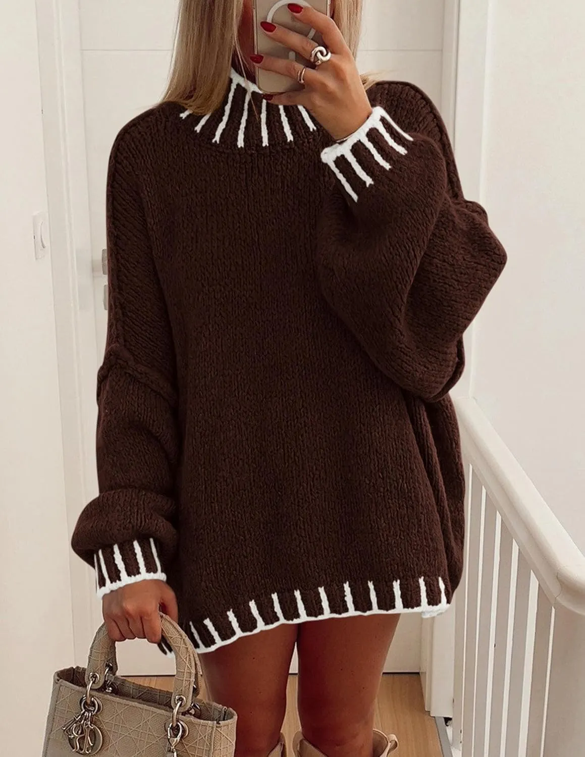 PRETTYGARDEN Women's Winter Oversized Pullover Sweaters Long Sleeve Mock Neck Chunky Knit Slouchy Jumper Tops