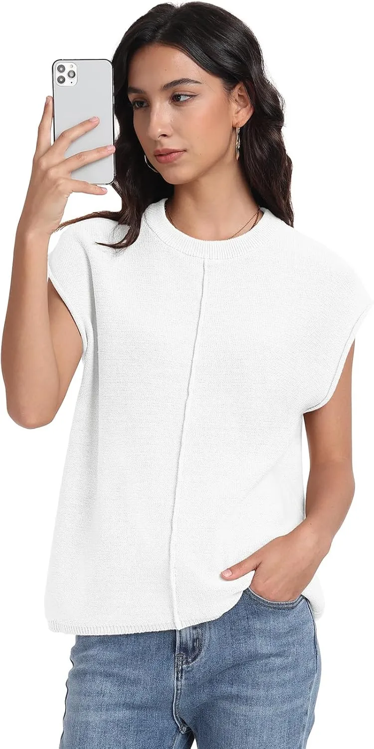PrinStory Womens Cap Sleeve Tops Summer Casual Crew Neck Loose Fit Knit Lightweight Sweater Pullover Top
