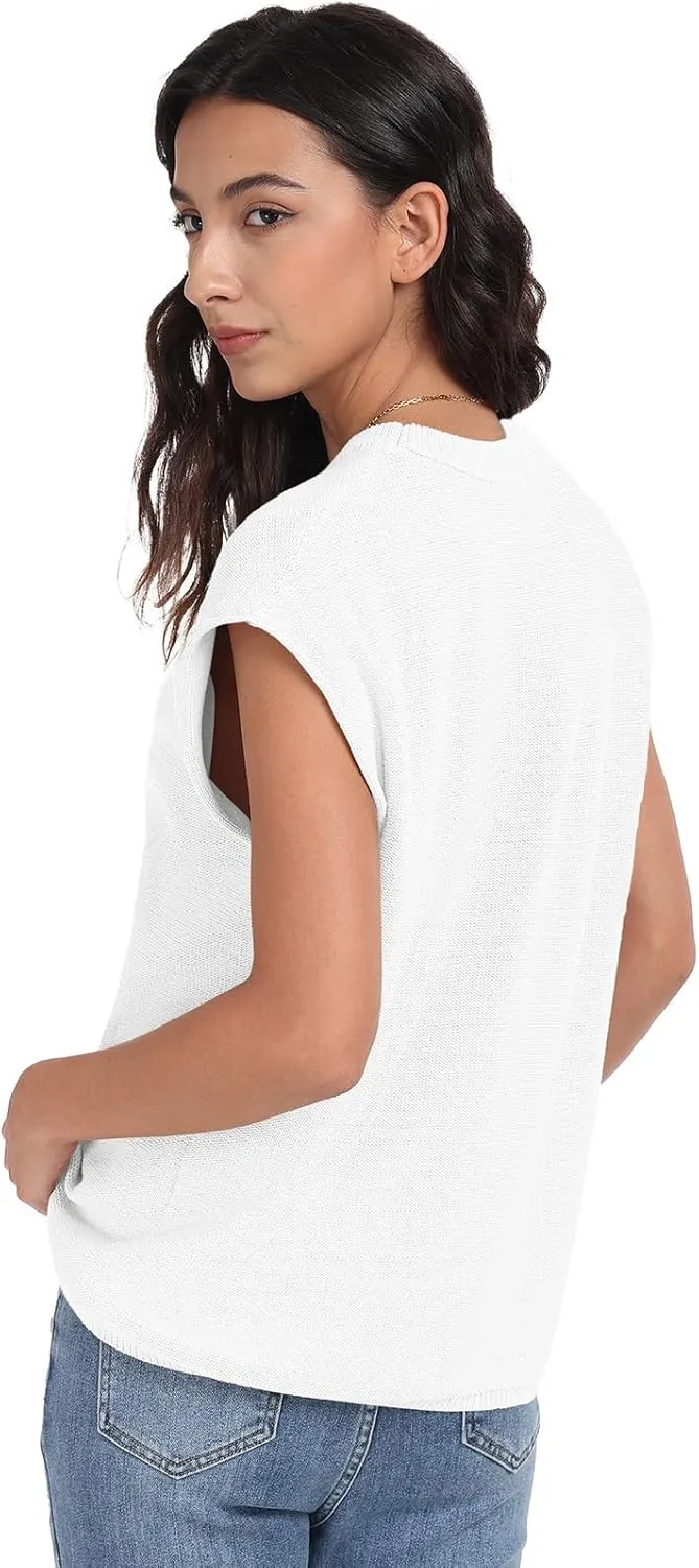 PrinStory Womens Cap Sleeve Tops Summer Casual Crew Neck Loose Fit Knit Lightweight Sweater Pullover Top