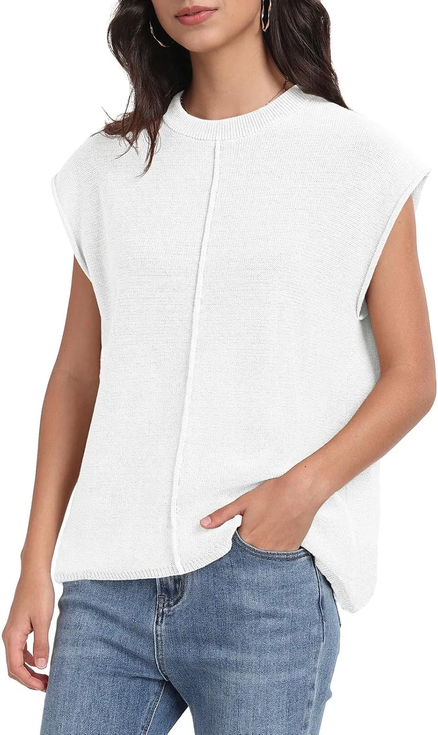 PrinStory Womens Cap Sleeve Tops Summer Casual Crew Neck Loose Fit Knit Lightweight Sweater Pullover Top