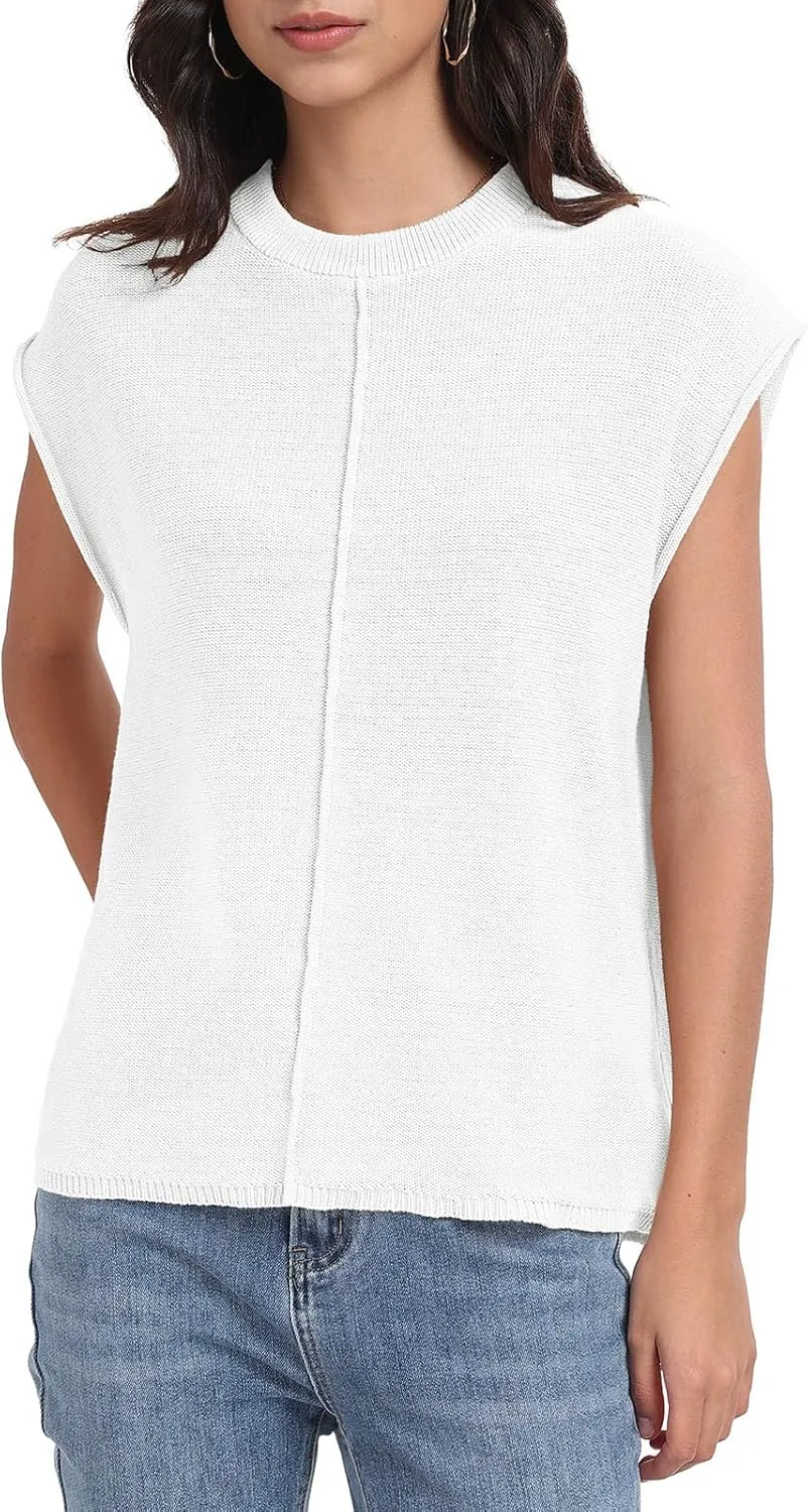 PrinStory Womens Cap Sleeve Tops Summer Casual Crew Neck Loose Fit Knit Lightweight Sweater Pullover Top