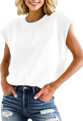 PrinStory Womens Cap Sleeve Tops Summer Casual Crew Neck Loose Fit Knit Lightweight Sweater Pullover Top