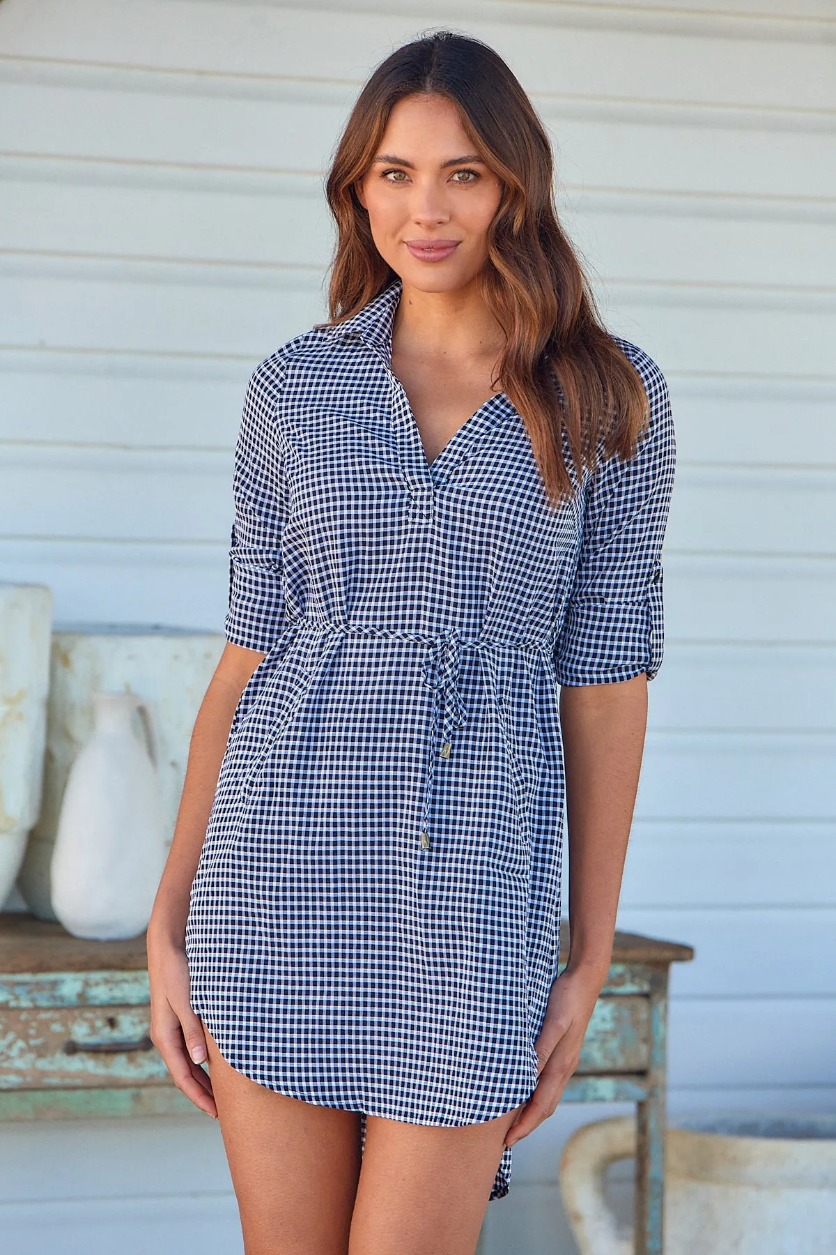 Siara Black Gingham Long Sleeve Shirt Dress