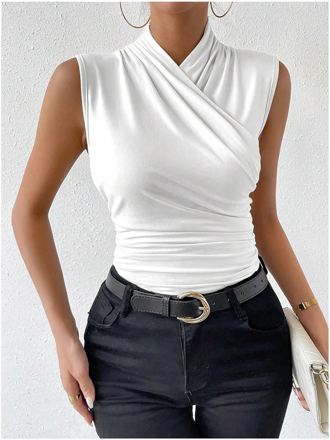 SweatyRocks Women's Ruched Wrap Mock Neck Tank Tops Casual Sleeveless Solid Slim Fit Tank Top