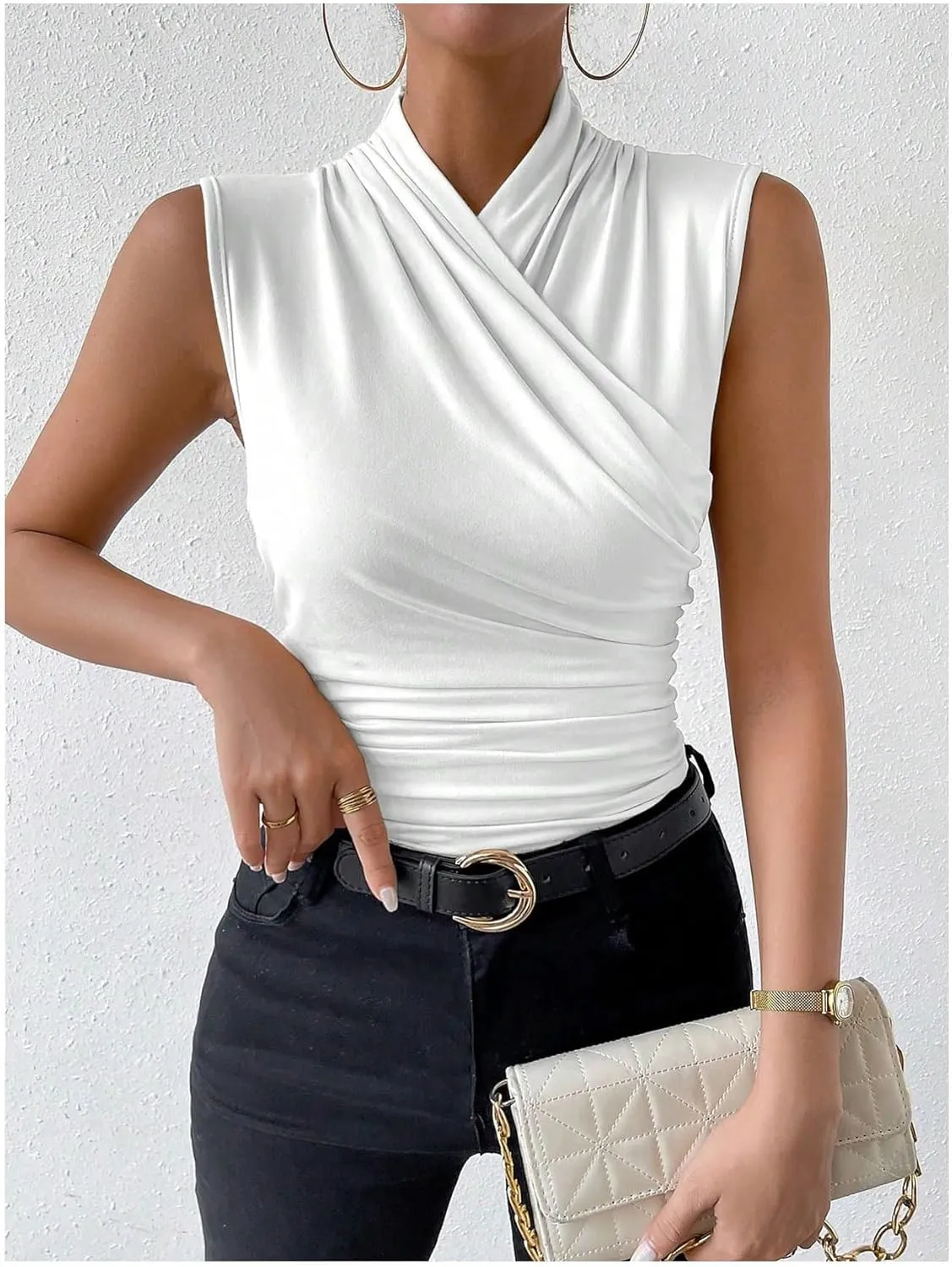 SweatyRocks Women's Ruched Wrap Mock Neck Tank Tops Casual Sleeveless Solid Slim Fit Tank Top