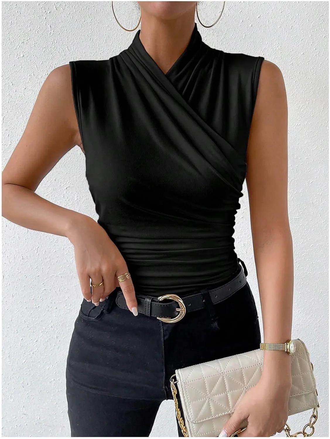 SweatyRocks Women's Ruched Wrap Mock Neck Tank Tops Casual Sleeveless Solid Slim Fit Tank Top
