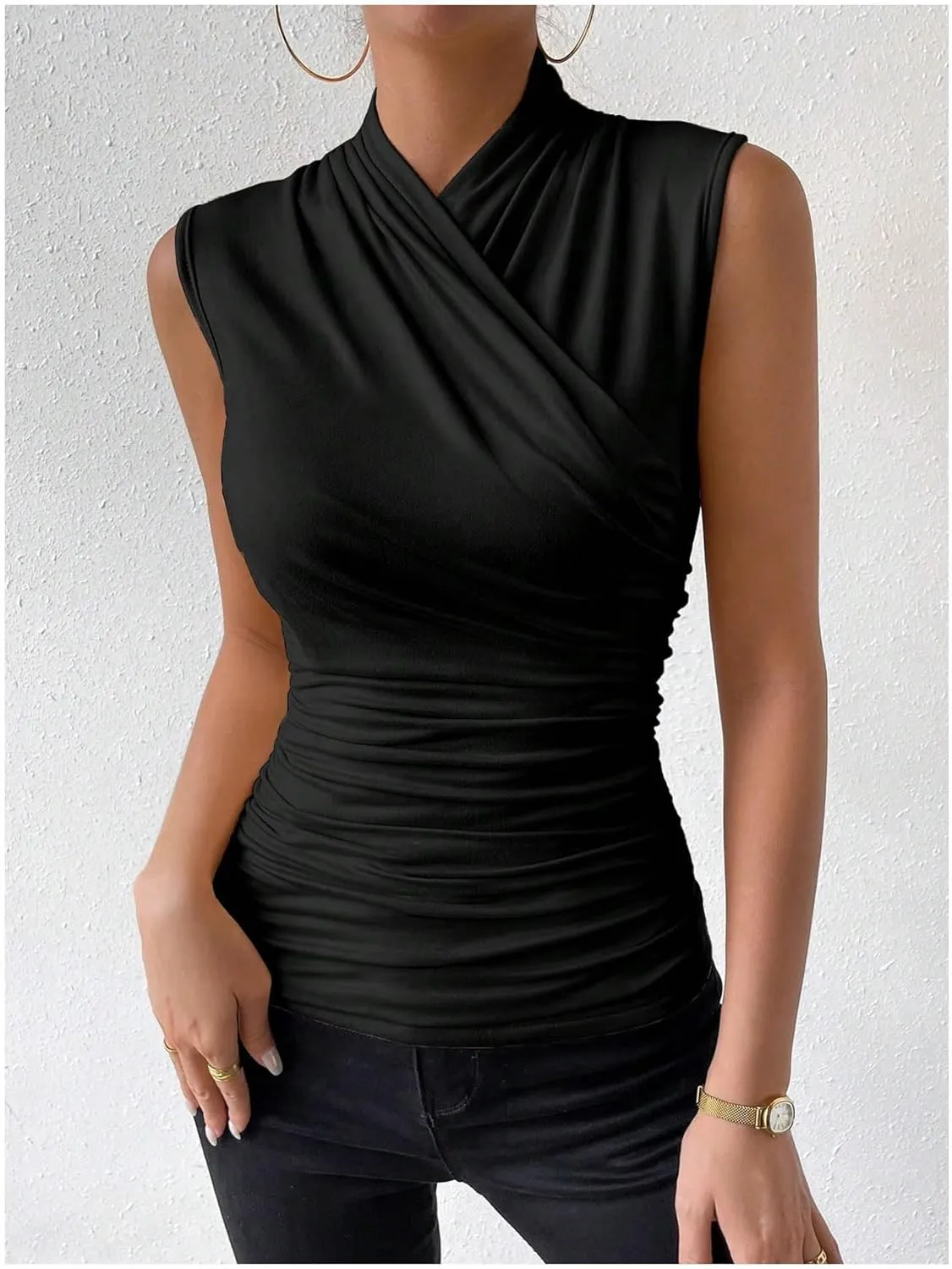 SweatyRocks Women's Ruched Wrap Mock Neck Tank Tops Casual Sleeveless Solid Slim Fit Tank Top
