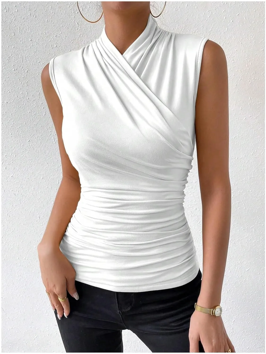 SweatyRocks Women's Ruched Wrap Mock Neck Tank Tops Casual Sleeveless Solid Slim Fit Tank Top