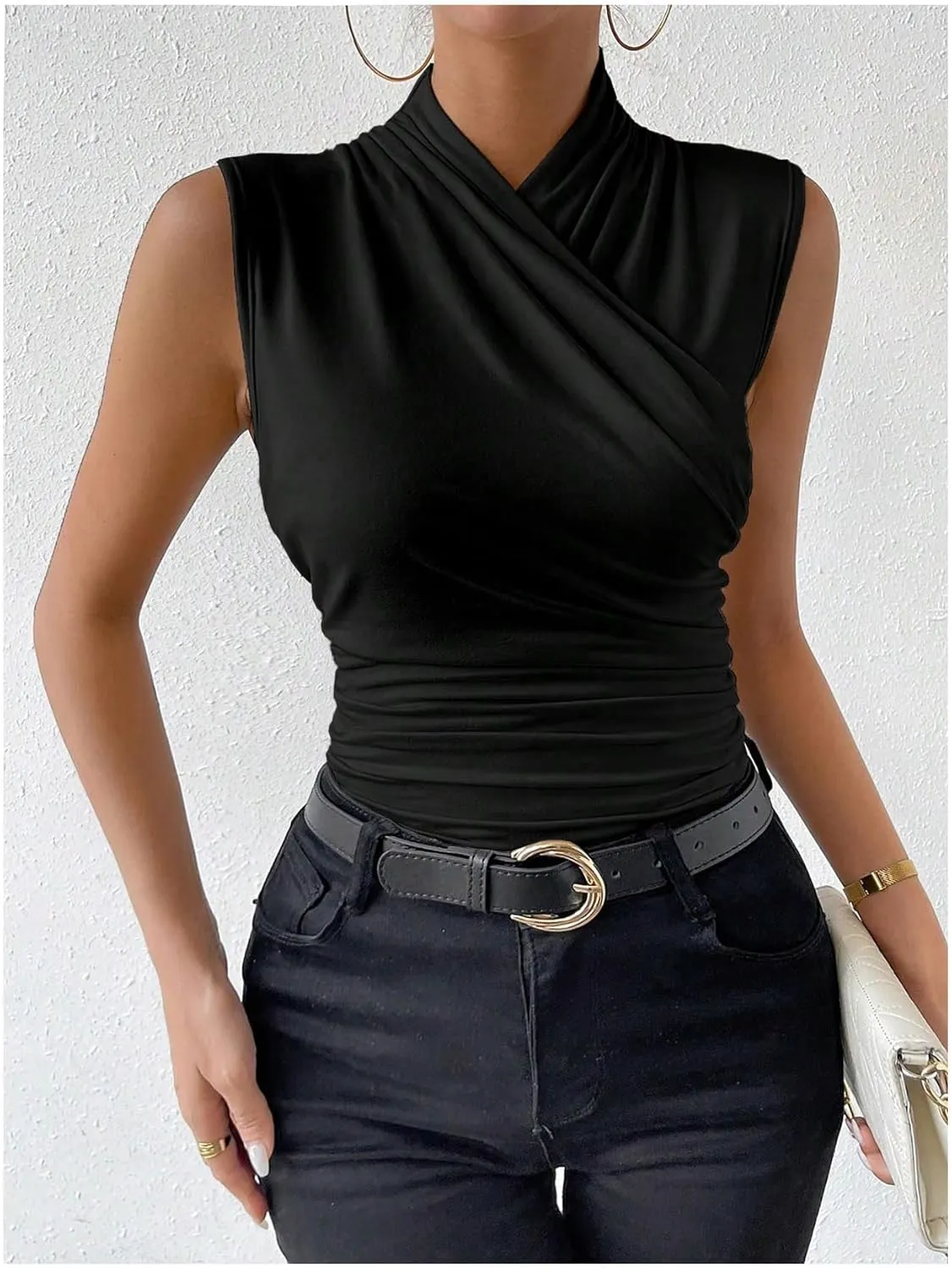 SweatyRocks Women's Ruched Wrap Mock Neck Tank Tops Casual Sleeveless Solid Slim Fit Tank Top