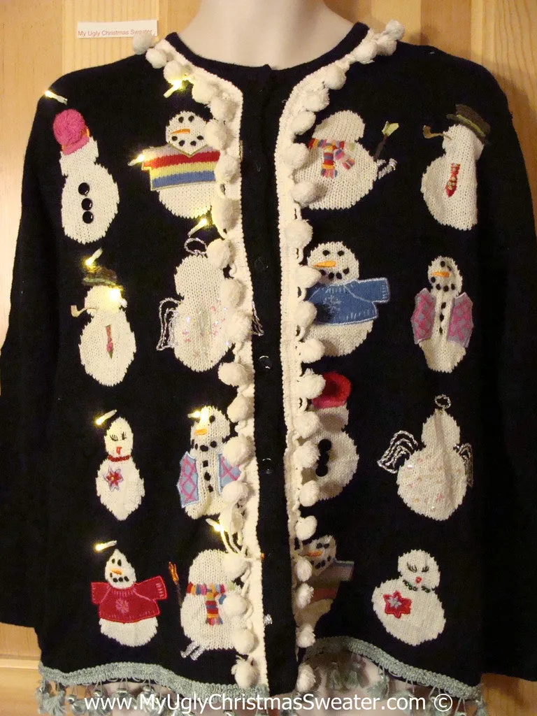Tacky Ugly Christmas Sweater Snowmen Coming and Going with Lights and Pom Pom Trim  (g116)