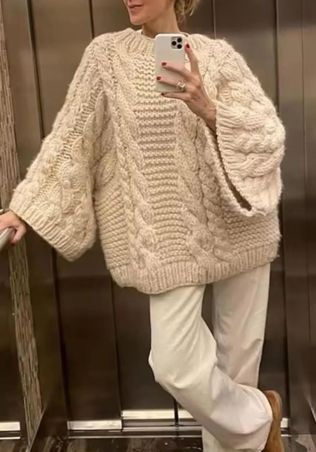 Tbahhir Women's Oversized Cable Knit Sweaters Crewneck Pullover Loose Long Sleeves Ribbed Chunky Slouchy Tunic Tops