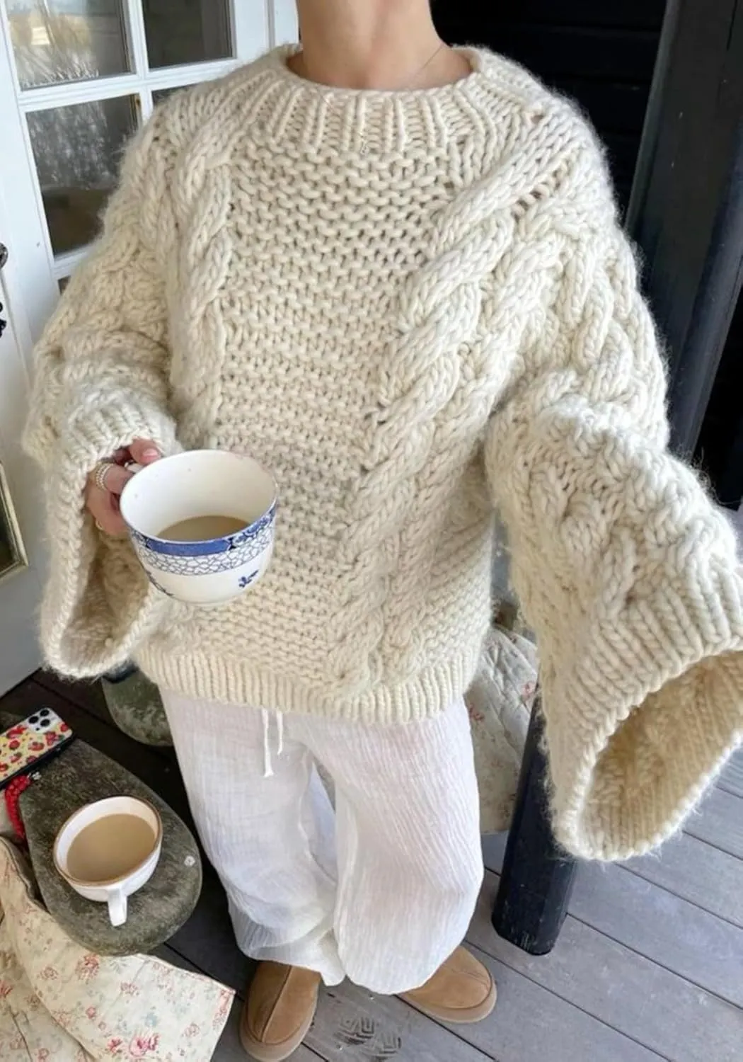 Tbahhir Women's Oversized Cable Knit Sweaters Crewneck Pullover Loose Long Sleeves Ribbed Chunky Slouchy Tunic Tops