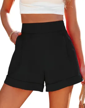 Uincloset Casual Elastic High Waist Denim Shorts Summer Rolled Hem Pocketed Shorts Comfy Wide Leg Shorts