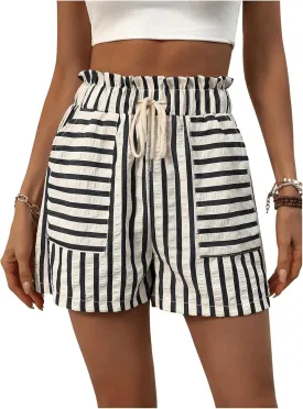 Verdusa Women's Shorts For Seniors Drawstring Waist Striped Straight Leg Shorts
