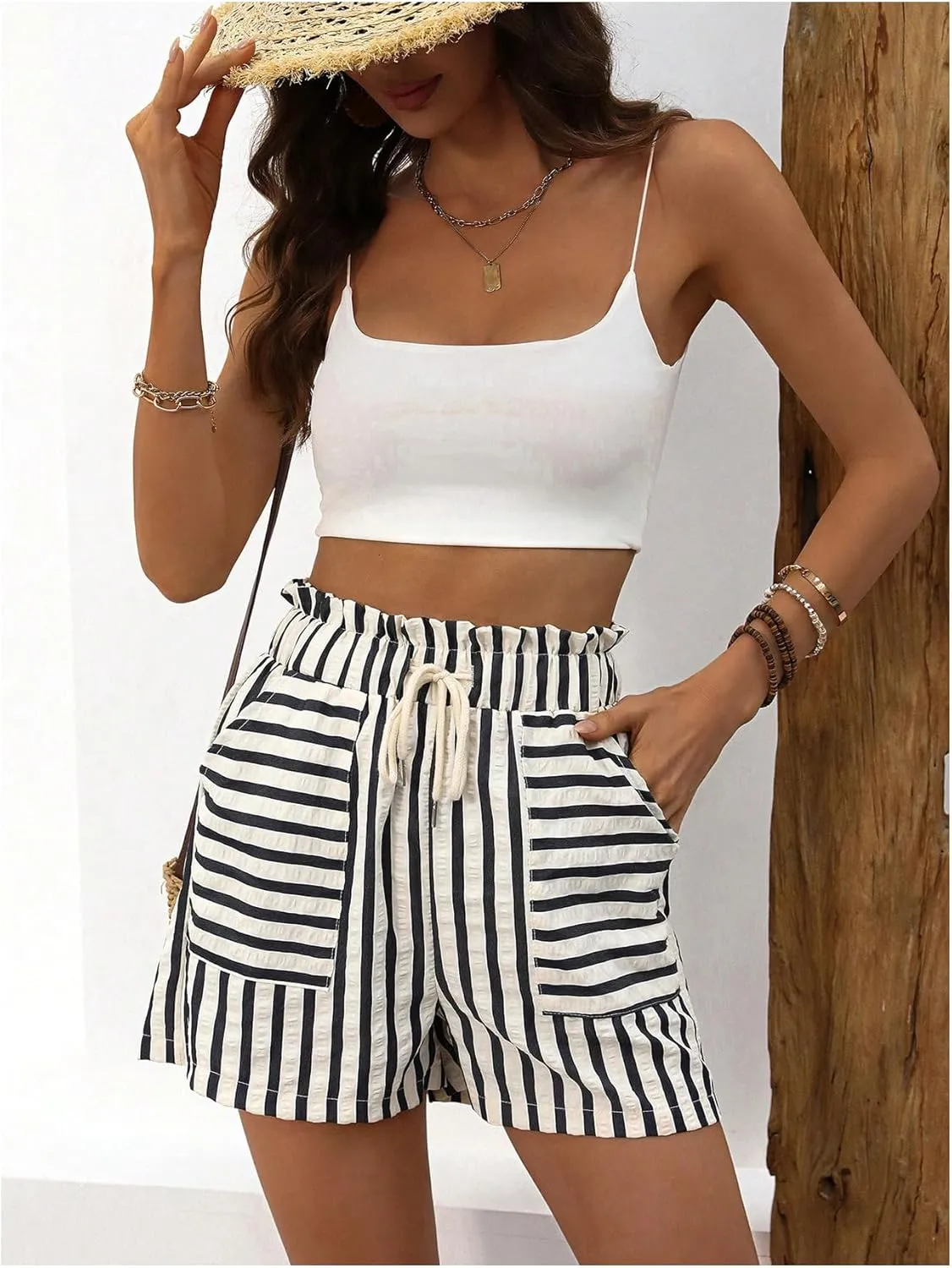 Verdusa Women's Shorts For Seniors Drawstring Waist Striped Straight Leg Shorts