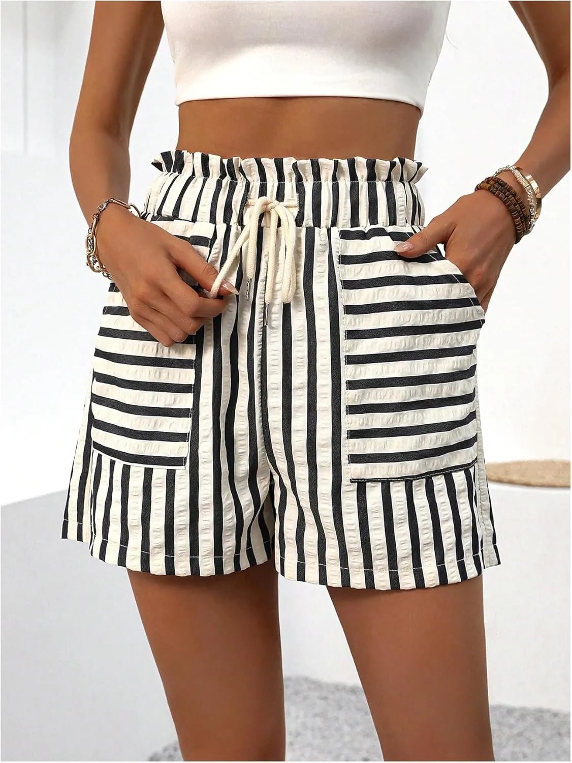 Verdusa Women's Shorts For Seniors Drawstring Waist Striped Straight Leg Shorts