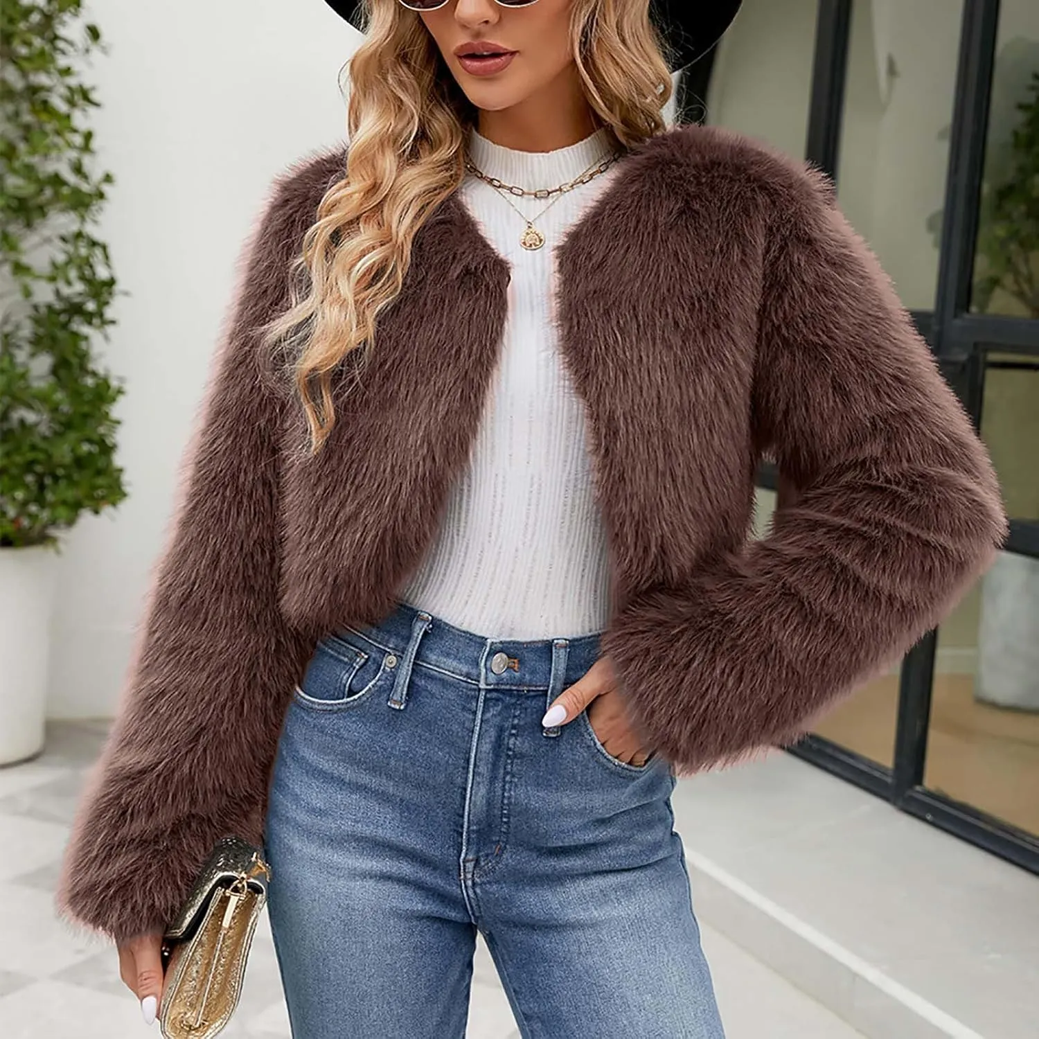 Women Faux Fur Cropped Jacket Plain Long Sleeve Coat Fuzzy Outerwear Solid Open Front Body Warmer Short Parka Coat