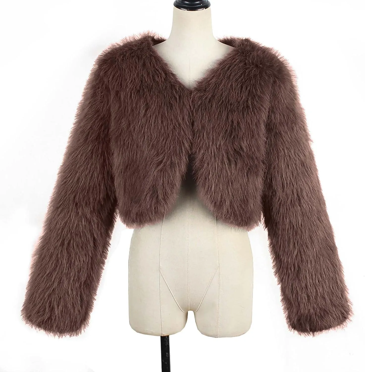 Women Faux Fur Cropped Jacket Plain Long Sleeve Coat Fuzzy Outerwear Solid Open Front Body Warmer Short Parka Coat