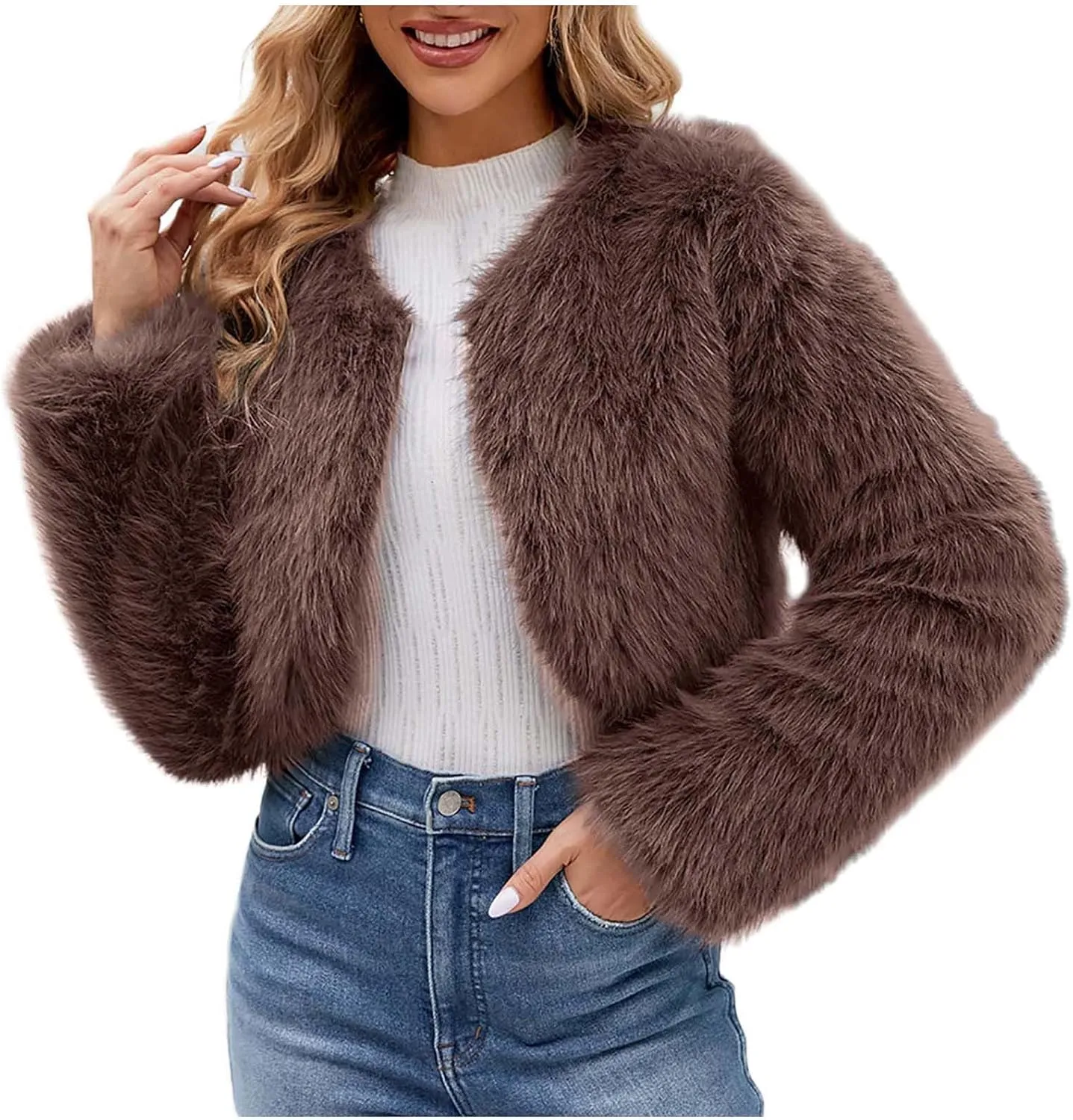 Women Faux Fur Cropped Jacket Plain Long Sleeve Coat Fuzzy Outerwear Solid Open Front Body Warmer Short Parka Coat