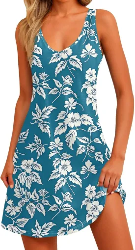 Women Summer Dresses Printed Casual Sundress Vacation Sleeveless Swimsuit Coverup 2025 V Neck Dress with Pocket