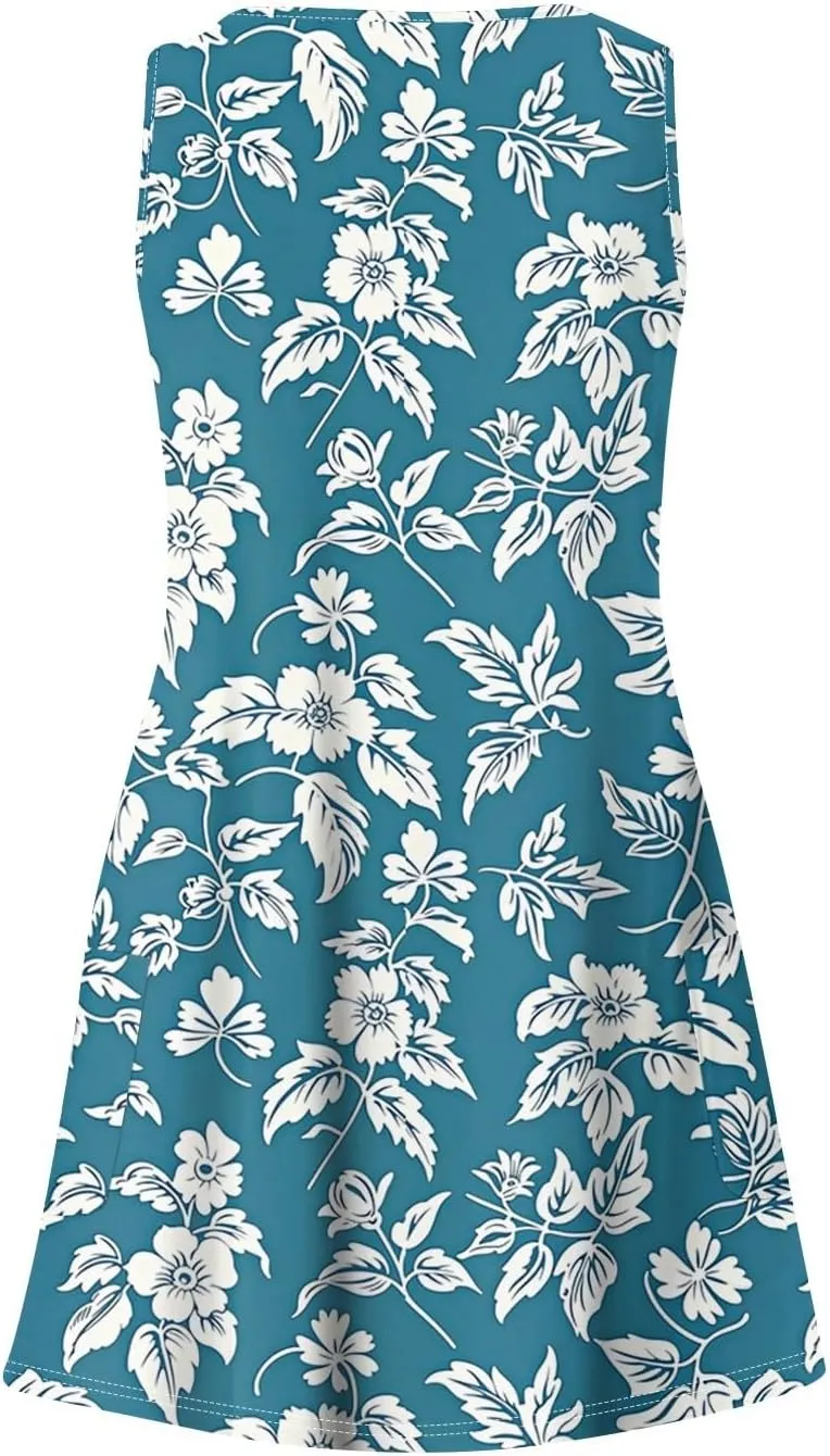 Women Summer Dresses Printed Casual Sundress Vacation Sleeveless Swimsuit Coverup 2025 V Neck Dress with Pocket