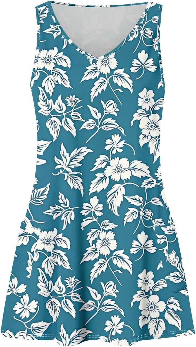 Women Summer Dresses Printed Casual Sundress Vacation Sleeveless Swimsuit Coverup 2025 V Neck Dress with Pocket