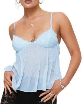 Women Y2k Babydoll Tank Tops Lace Trim V Neck Crop Cami Spaghetti Strap Peplum Top Summer Cute Aesthetic Flowy Shirts