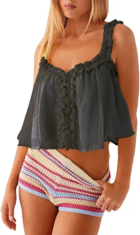 Women Y2k Ruffle Cami Top Sleeveless Spaghetti Strap Scoop Neck Lace Trim Camisole Low Cut Semi Sheer Tank Top