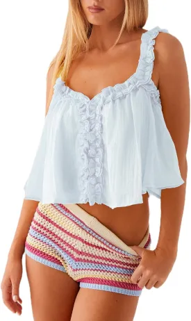 Women Y2k Ruffle Cami Top Sleeveless Spaghetti Strap Scoop Neck Lace Trim Camisole Low Cut Semi Sheer Tank Top