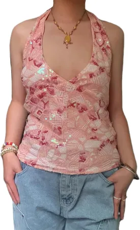 Women Y2k Sequin Cami Tops Halter Tie Up Open Back Sparkle Glitter Tank Top Going Out Party Clubwear